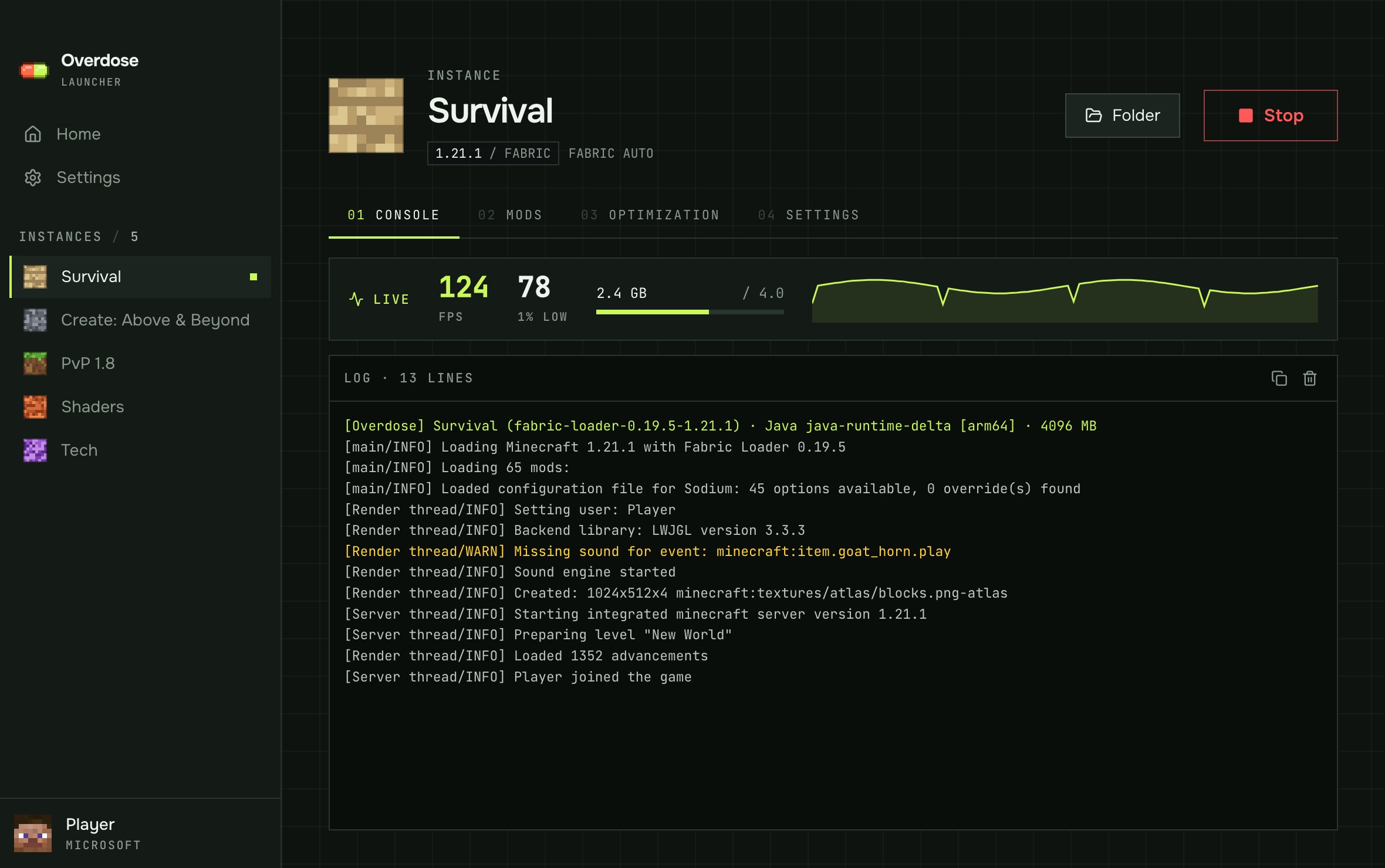 Game console with live FPS and memory chart
