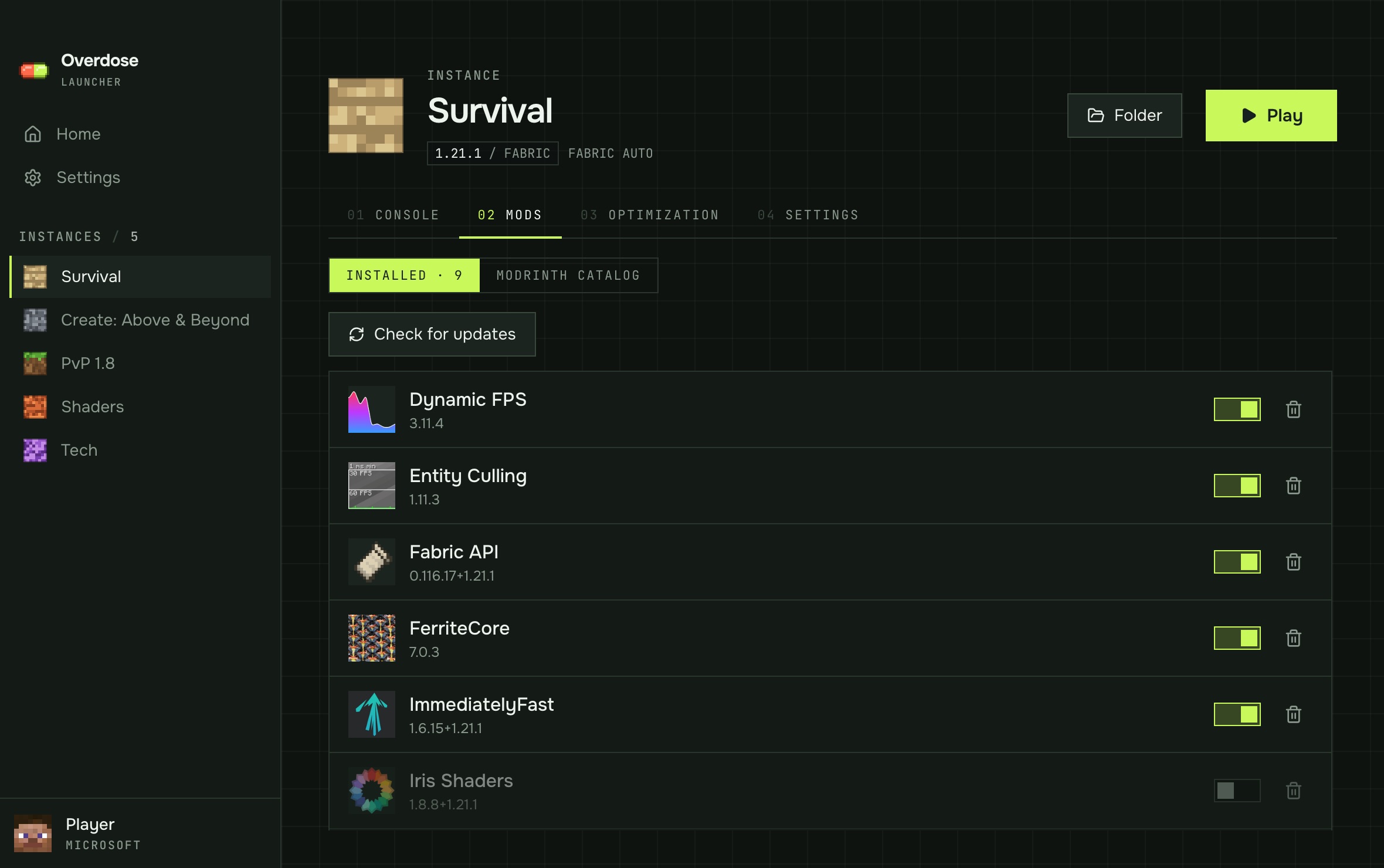 Installed mods with toggles