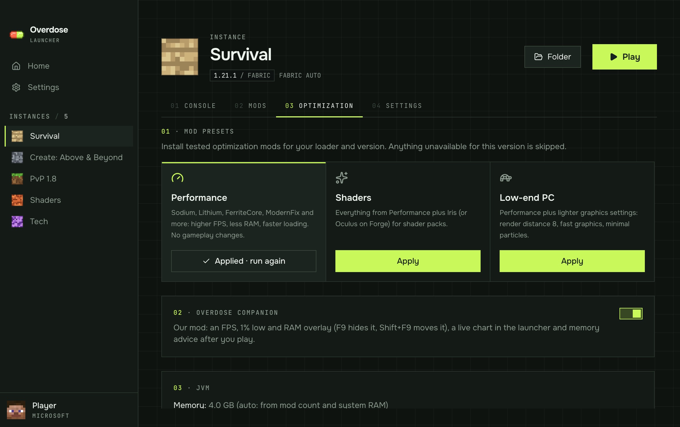 Optimization presets